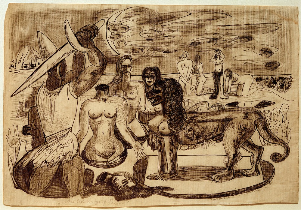 Max Beckmann, Perseus' (Herkules') letzte Aufgabe (Mythologie, Schwert, Held,  griechische Sage, Kopf abschlagen, schonungslos, drastisch, Kreidezeichnung, Expressionismus, Klassische Moderne,  Wunschgröße, Wohnzimmer, schwarz/weiß)