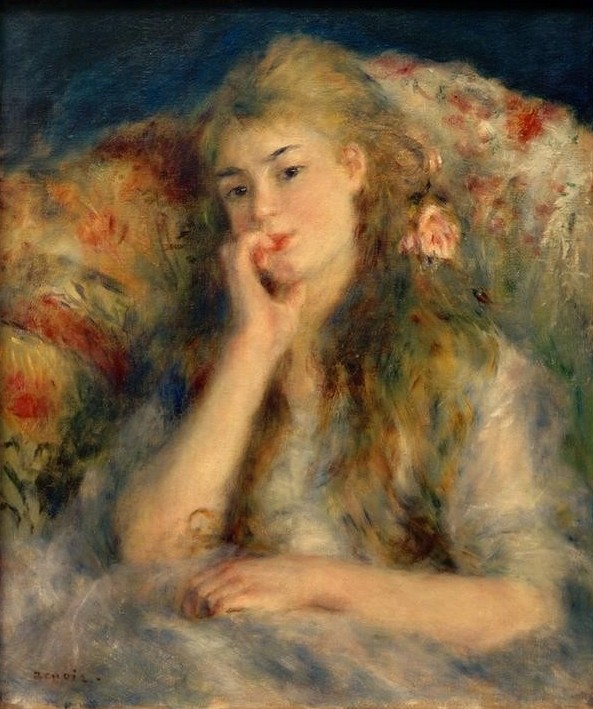 Pierre-Auguste Renoir, Sitzende junge Frau (Frau,Kunst,Mensch,Impressionismus,Portrait,Nachdenken,Französische Kunst,Tagtraum,Langes Haar,Gedanken,Sitzen,Junge Frau,Halbfigur,Halbprofil,Denken Und Phantasie,Phantasie,Signatur)