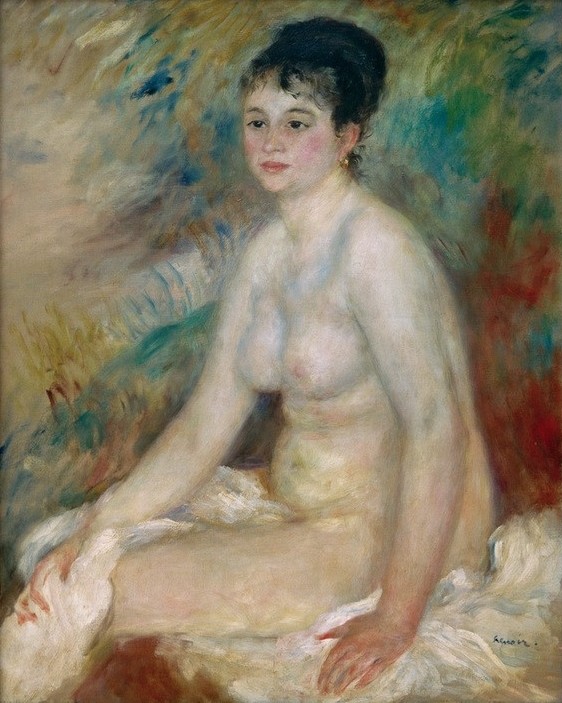 Pierre-Auguste Renoir, Nach dem Bade (Körperpflege,Bad Im Freien,Bad,Frau,Kunst,Mensch,Impressionismus,Akt,Portrait,Französische Kunst,Im Freien (Allgemein),Nacktheit,Sitzen,Junge Frau,Badetuch,Kniestück,Braune Haare,Tuch,Frisur,Signatur)