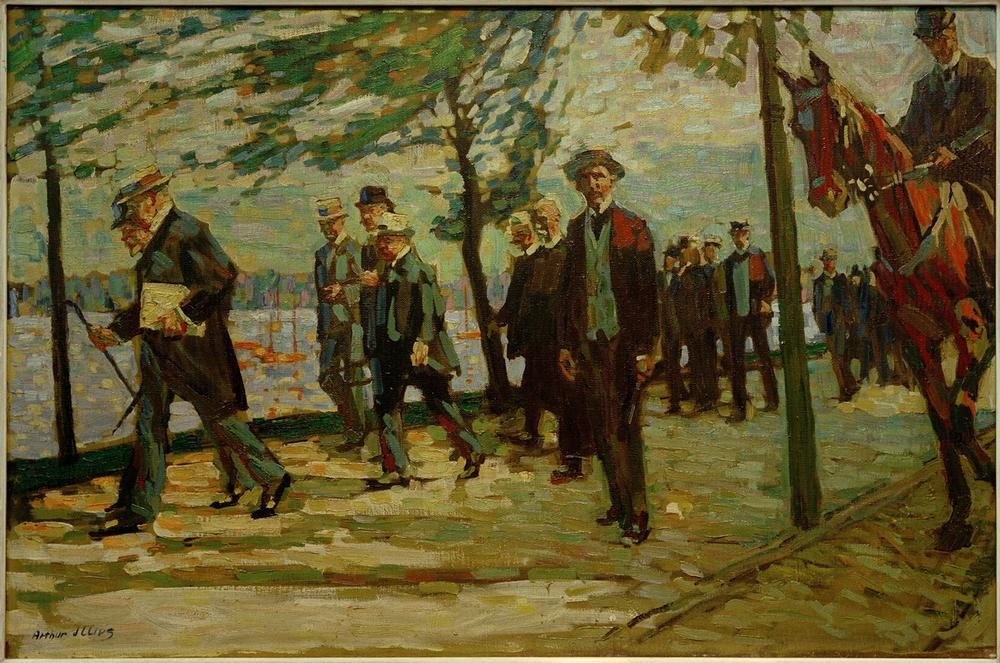 Arthur Illies, Gang in die Kontore (Händler, Kaufmänner, Männer, Beruf, Handel, Reiter, Arbeitsweg, Straßenszene, Impressionismus, klassische Moderne, Wunschgröße, Wohnzimmer,)