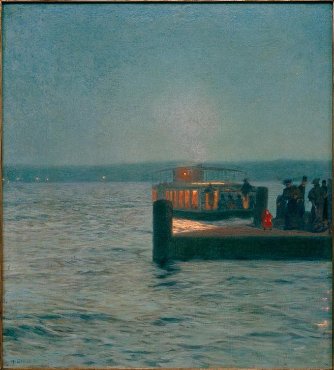 Arthur Illies, Anlegesteg am Uhlenhorster Fährhaus (Boot, Dampfer, Fähre, Hamburg, Fährhaus, Alster, Fluss, Abendszene, Impressionismus, klassische Moderne, Wunschgröße, Wohnzimmer,)