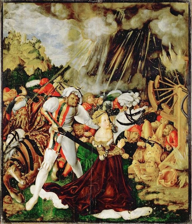 Lucas Cranach der Ältere, Das Martyrium der heiligen Katharina von Alexandrien (Christentum,Deutsche Kunst,Enthaupten,Feuer,Gewitter,Heilige,Hinrichtung,Kunst,Regen,Religion,Soldat,Tod,Wetter,Wolke,Renaissance,Heer,Henker,Martyrium,Märtyrer,Donauschule,Blitz,Donner,Kleidung (Allgemein),Krieger,Märtyrerin,Nothelferin,Sturm)