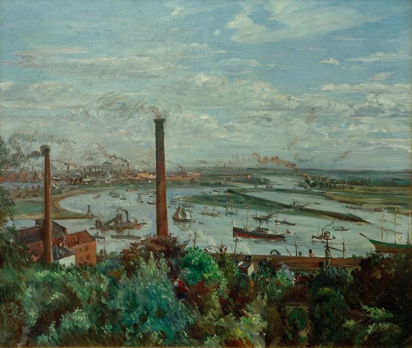 Lovis Corinth, Blick von der Palmaille auf den Köhlbrand (Deutsche Kunst,Geographie,Hafen,Kunst,Schiff,Schornstein,Impressionismus,Fabrik,Panorama,Topographie,Schifffahrt)