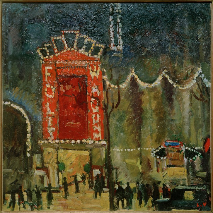 Louis Valtat, Das Theater Folies Wagram (ELEKTRISCHES LICHT, GEOGRAPHIE, KUNST, LICHT UND BELEUCHTUNG, NACHTLEBEN, THEATER, TAGESZEITEN, ABEND, NACHT, FRANZÖSISCHE KUNST, ANSICHT, BELEUCHTUNG, AUSSENANSICHT, ECOLE DE PARIS, TOPOGRAPHIE, LEUCHTSCHRIFT, EINGANG, SCHRIFT, SIGNATUR)