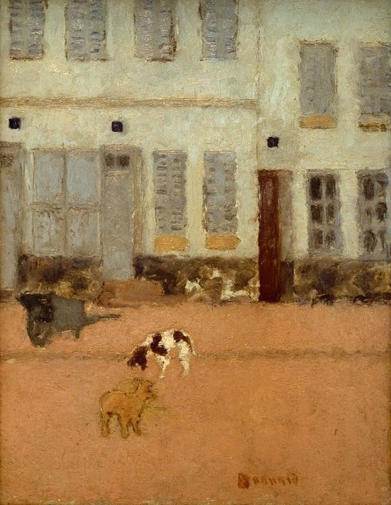 Pierre Bonnard, Rue à Eragny-sur-Oise (Les Chiens d'Eragny) (Architektur,Haus,Kunst,Strasse (Allgemein),Strassenszene,Wohnhaus (Allgemein),Impressionismus,Fassade,Hund,Architekturdarstellung,Französische Kunst,Tierleben,Tier,Nabis)