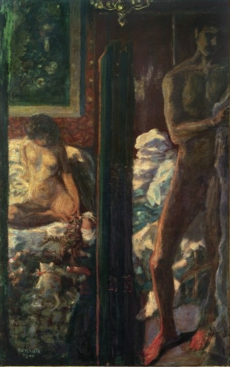 Pierre Bonnard, L’Homme et la femme (Bett,Erotik,Frau,Katze (Tier),Kunst,Liebe,Liebespaar,Mann,Mensch,Schlafzimmer,Impressionismus,Akt,Paravent,Französische Kunst,Erotische Kunst,Haustier,Sexualität,Frau Und Tier,Nabis,Jahrhundertwende,Kommunikationslosigkeit,Post Coitum)
