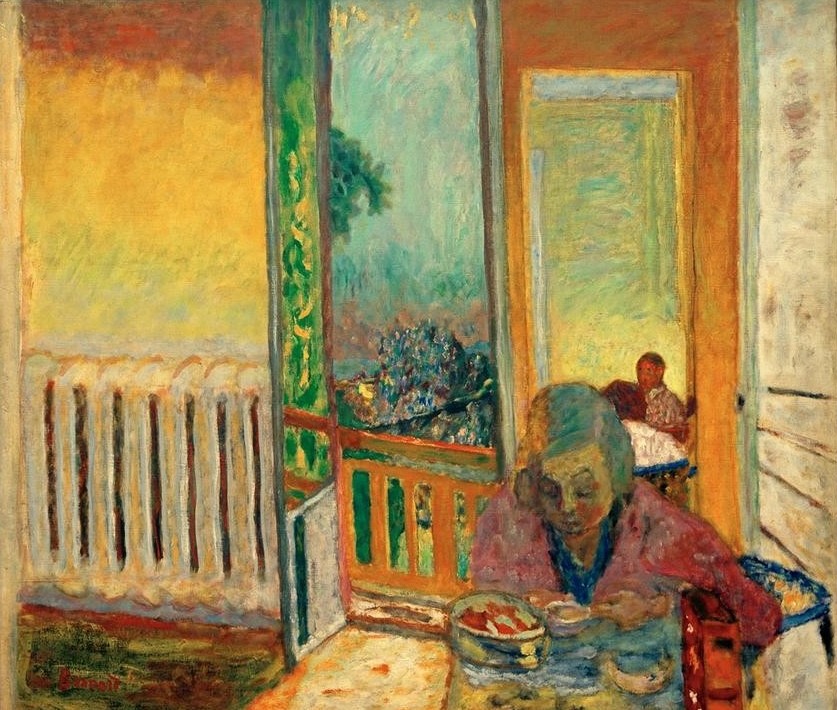 Pierre Bonnard, Le Petit Déjeuner au radiateur (Essgeschirr,Essen Und Trinken,Fenster,Frau,Heizung,Kunst,Tafelsitten,Frühstück,Interieur,Blick Aus Dem Fenster,Französische Kunst,Frauenleben,Nabis,Gedeckter Tisch,Fenster (Geöffnet),Heizkörper)