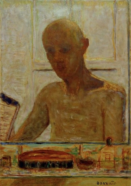 Pierre Bonnard, Portrait de l'artiste dans la glace du cabinte de toilette (Autoportrait) (Körperpflege,Bad,Künstler,Kunst,Maler (Künstler),Mann,Spiegel,Toilette (Körperpflege),Alter,Impressionismus,Selbstbildnis,Akt,Portrait,Französische Kunst,Spiegelbild,Halbakt,Badezimmer,Nabis,Alter Mann,Brustbild,Person,Toilettengegenstände)