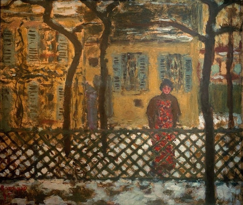 Pierre Bonnard, Derrière la grille (Frau,Jahreszeiten,Winter,Wohnhaus (Allgemein),Impressionismus,Zaun,Einsamkeit,Alleinstehende,Französische Kunst,Erwartung,Jahrhundertwende,Jägerzaun)