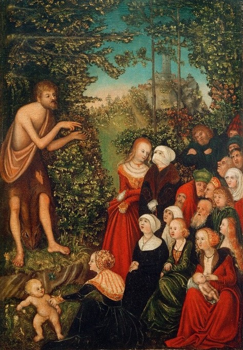 Lucas Cranach der Ältere, Johannes der Täufer predigt im Wald (Christentum,Deutsche Kunst,Kunst,Mutter Und Kind,Religion,Wald,Renaissance,Neues Testament,Bibel,Predigt,Zuhören,Zuhörer,Mundbinde)