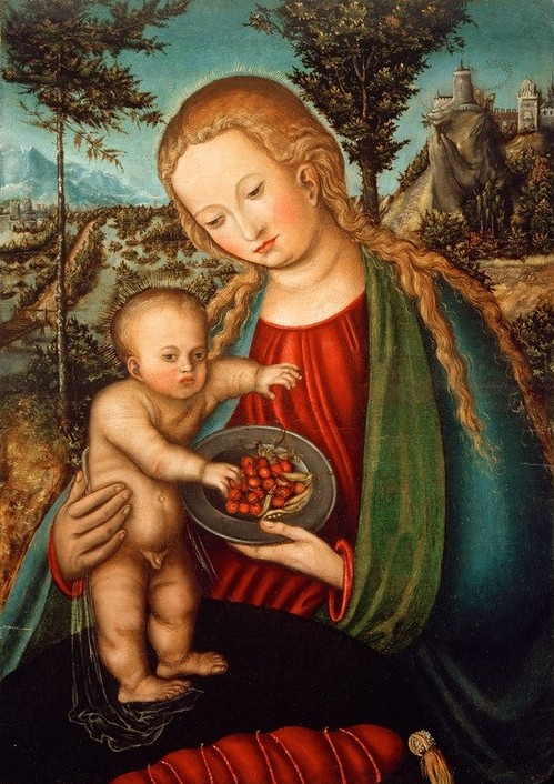 Lucas Cranach der Ältere, Madonna mit den Kirschen (Christentum,Deutsche Kunst,Früchte,Kind,Kirsche,Kunst,Landschaft,Mutter Und Kind,Obst,Religion,Renaissance,Akt,Maria Mit Kind,Kleinkind,Neues Testament,Bibel,Portrait,Mutter Und Sohn,Teller,Jesusknabe,Knabe,Langes Haar,Sitzen,Obstteller,Kind Auf Dem Schos)