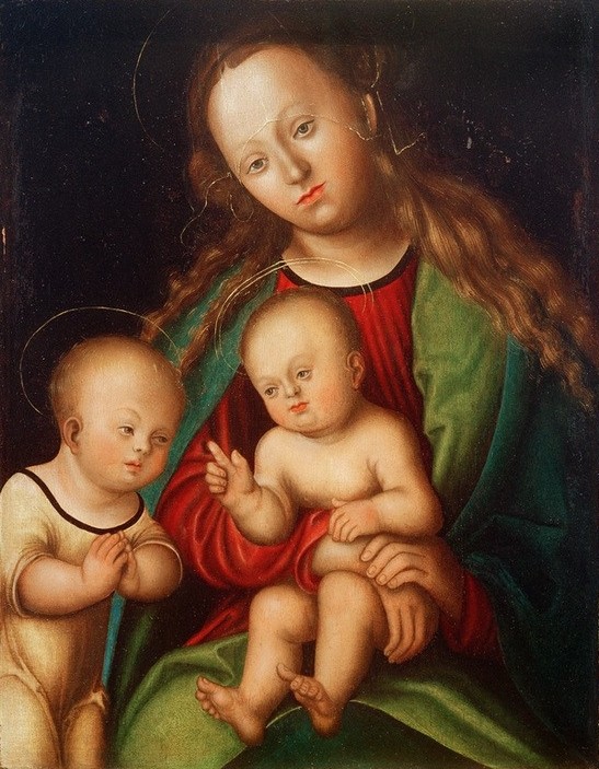 Lucas Cranach der Ältere, Madonna mit Kind und Johannesknaben (Christentum,Deutsche Kunst,Kind,Kunst,Mutter Und Kind,Religion,Renaissance,Segen,Maria Mit Kind,Kleinkind,Neues Testament,Bibel,Portrait,Gestik,Mutter Und Sohn,Jesusknabe,Knabe,Heiligenschein,Anbetung (Allgemein),Sitzen,Jesusknabe Und Johannesknabe,Kind A)