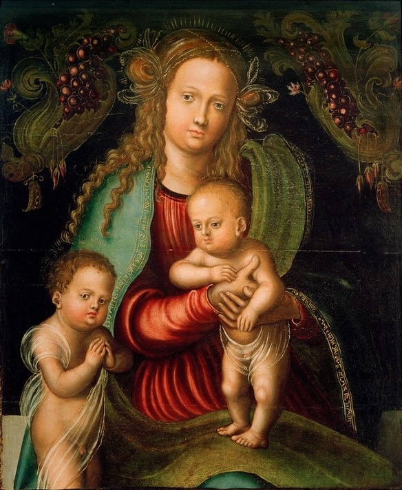 Lucas Cranach der Ältere, Madonna mit Kind und Johannesknaben unter einem Früchtebaldachin (Christentum,Deutsche Kunst,Früchte,Kind,Kunst,Mutter Und Kind,Obst,Religion,Renaissance,Schleier,Maria Mit Kind,Kleinkind,Neues Testament,Bibel,Portrait,Gestik,Mutter Und Sohn,Jesusknabe,Baldachin,Knabe,Anbetung (Allgemein),Transparenz,Sitzen,Jesusknabe U)