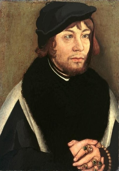 Lucas Cranach der Ältere, Markgraf Albrecht von Brandenburg-Ansbach (Deutsche Kunst,Geschichte,Kopfbedeckung,Kunst,Mann,Ring,Schmuck,Brandenburg-Ansbach,Männerschmuck,Renaissance,Hand,Portrait,Schielen,Markgraf,Pelzkragen,Kappe (Kopfbedeckung),Fingerring,Privatsammlung,Brustbild,Halbprofil,Deutscher Orden,Person,Hochmeiste)