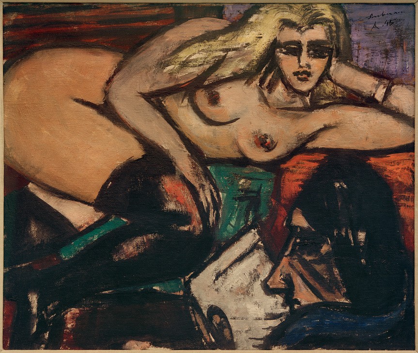 Max Beckmann, Der Brief, Liegender Halbakt (Frau, Aktmalerei, nackt, Mann, erotisch, Klassische Moderne, Malerei, Expressionismus, Mensch und Gesellschaft, Wunschgröße, Wohnzimmer, bunt)