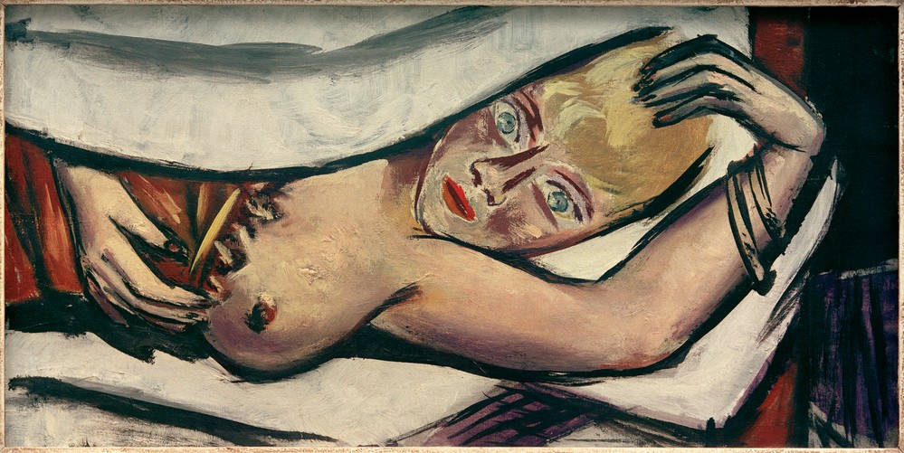 Max Beckmann, Frau im Bett (Frau, Bett, Bettdecke, Brust, Erotik, Klassische Moderne, Malerei, Expressionismus, Menschen, Wunschgröße, Wohnzimmer, Schlafzimmer, bunt)