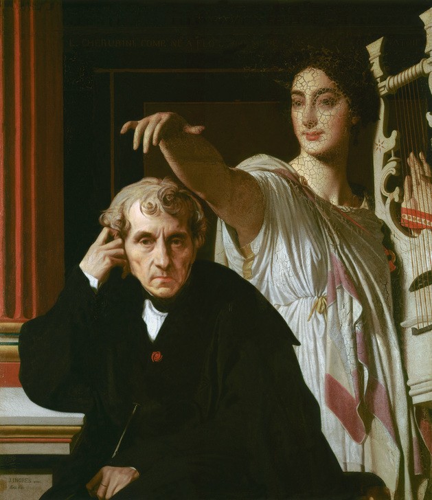 JEAN-AUGUSTE-DOMINIQUE INGRES, Cherubini und die Muse der Lyrischen Dichtkunst (Komponist,Kunst,Mann,Musik,Mythologie,Musen,Leier,Klassizismus,Allegorie,Portrait,Inspiration,Französische Kunst,Person,Griechisch-Römische Mythologie)