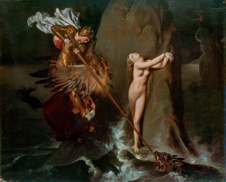 JEAN-AUGUSTE-DOMINIQUE INGRES, Roger délivrant Angélique (Frau,Sage,Liebe,Literatur,Ritter,Klassizismus,Akt,Fabelwesen,Kampf Zwischen Mensch Und Tier,Legende,Lanze,Seeungeheuer,Gefangenenbefreiung,Ungeheuer,Felsen,Fabel,Französische Kunst,Chimära,Fesselung,Tier,Gefühl (Stimmung),Person)