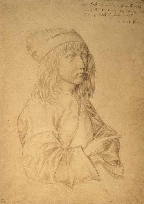 Albrecht Dürer, Dz hab Ich aws eim spigell nach mir selbs kunterfet Im 1484 Jar Do ich noch ein Kind was (Deutsche Kunst,Handschrift,Jugend (Lebensalter),Kind,Kupferstecher,Kunst,Maler (Künstler),Zeichner,Selbstbildnis,Autograph,Portrait,Gestik,Knabe,Zeigefinger,Langes Haar,Zeigen,Halbprofil,Person,Mütze)