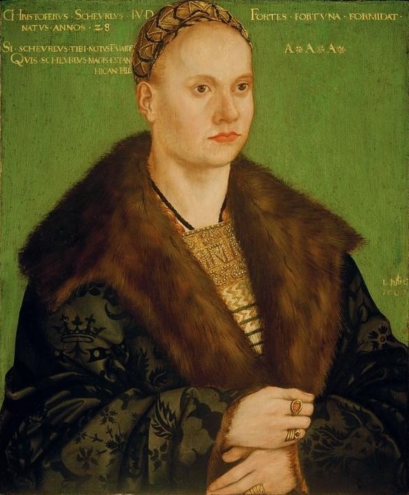 Lucas Cranach der Ältere, Bildnis von Christoph II. Scheurl (Deutsche Kunst,Diplomat,Gelehrter,Herrenmode,Humanist,Jurist,Mann,Mensch,Männerschmuck,Renaissance,Diplomatie,Hand,Portrait,Humanismus,Bürgertum,Haarnetz,Pelzkragen,Patrizier,Fingerring,Pelzbesatz,Brustbild,Halbfigur,Schaube,Rechtswissenschaft)