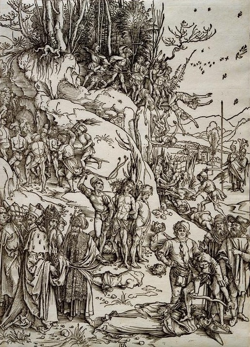 Albrecht Dürer, Die Marter der Zehntausend (Geistlicher,Christenverfolgung,Christentum,Deutsche Kunst,Geschichte,Hinrichtung,Kirche,Kunst,Leiche,Religion,Tod,Massaker,Renaissance,Klerus,Legende,Martyrium,Marter Der Zehntausend,Urchristentum,Massenmord,Pfählen)