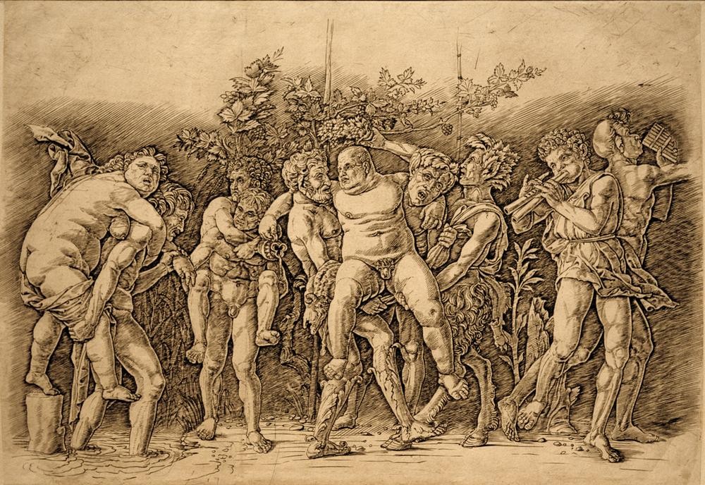 Albrecht Dürer, Bacchanal mit Silen (Deutsche Kunst,Fettleibigkeit,Frau,Mann,Mensch,Musik,Mythologie,Weinstock,Renaissance,Akt,Satyr,Aulos,Thiasos,Weinranke,Flussüberquerung,Bacchanal,Kopie,Italienische Kunst,Panflöte,Tragen,Antikenrezeption,Huckepack,Musikant,Doppelaulos,Griechisch-Römische)