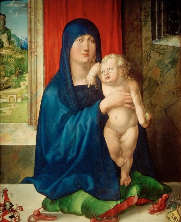 Albrecht Dürer, Maria mit Kind (Haller-Madonna) (Christentum,Deutsche Kunst,Landschaft,Religion,Renaissance,Schleier,Maria Mit Kind,Neues Testament,Bibel,Kissen,Blick Aus Dem Fenster,Jesusknabe,Wappen)