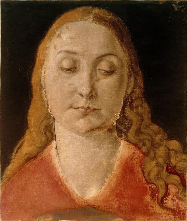 Albrecht Dürer, Kopf einer Frau (Kopf der Madonna) (Christentum,Deutsche Kunst,Frau,Kunst,Religion,Renaissance,Neues Testament,Bibel,Portrait,Kopfstudie,Langes Haar,Kopf,Junge Frau,Gesenkter Blick)