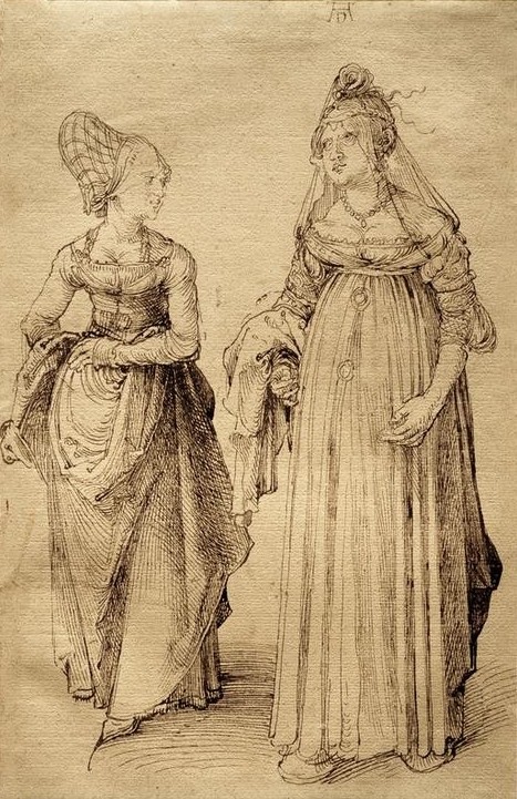 Albrecht Dürer, Nürnbergerin und Venezianerin, Trachtenstudie (Damenmode,Deutsche Kunst,Frau,Kopfbedeckung,Kunst,Mode,Tracht,Volkskunde,Renaissance,Haube,Kleid,Modezeichnung,Land Und Leute)