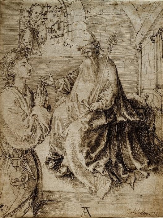 Albrecht Dürer, Kniender Jüngling vor einem Richter oder Herrscher (Deutsche Kunst,Richter (Recht),Justiz,Recht,Renaissance,Bitte,Gestik,Jüngling,Stab,Knien,Herrscher,Ehrfurcht,Amtstracht,Ehrerbietung,Junger Mann)