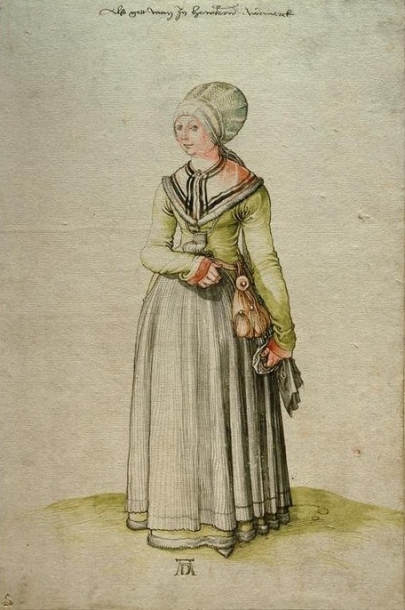 Albrecht Dürer, Nürnbergerin im Alltagskleid (Damenmode,Deutsche Kunst,Frau,Kopfbedeckung,Kunst,Mode,Tracht,Volkskunde,Renaissance,Autograph,Bürgertum,Haube,Kleid,Alltagskultur,Modezeichnung,Land Und Leute,Alltag,Geldbeutel)