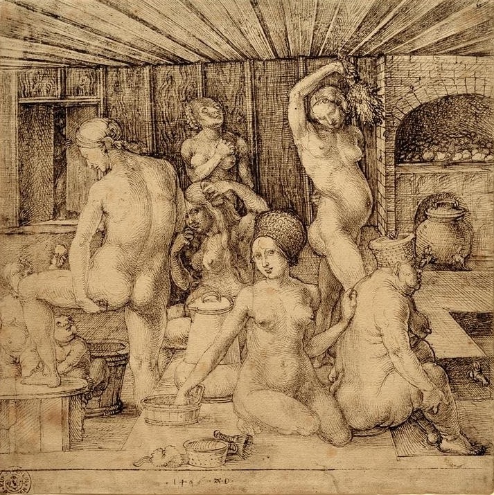 Albrecht Dürer, Das Frauenbad (Körperpflege,Bad,Historisch,Deutsche Kunst,Fettleibigkeit,Frau,Haarpflege,Kind,Kosmetik,Mutter Und Kind,Schönheit,Renaissance,Waschen,Akt,Kleinkind,Badestube,Jugend Und Alter,Frauenbad,Alltagskultur,Frauenleben,Gegensatz,Hässlichkeit,Badehaus,Zuber)