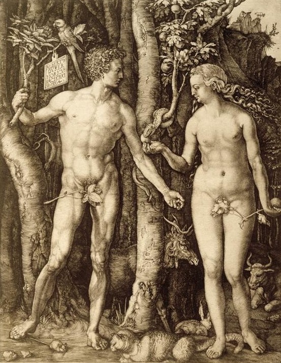 Albrecht Dürer, Adam und Eva (Apfel,Deutsche Kunst,Frau,Hirsch,Katze (Tier),Kunst,Mann,Maus,Papagei,Religion,Rind,Schlange,Schönheit,Renaissance,Altes Testament,Akt,Sündenfall,Bibel,Paradies,Hase,Baum Der Erkenntnis,Feigenblatt,Genesis,Tier,Jüdisch-Christlich,Mensch Und Tier)