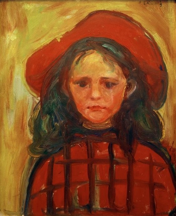 Edvard Munch, Mädchen mit rotkariertem Kleid und rotem Hut (Kindermode,Kind,Kopfbedeckung,Kunst,Mädchen,Mensch,Mode,Hut,Symbolismus,Portrait,Melancholie,Expressionismus,Norwegische Kunst,Karo,Kleidung (Allgemein),Muster,Langes Haar,Jahrhundertwende,Gefühl (Stimmung),Skandinavische Kunst,Rot,Brustbild,Braune Haare,)