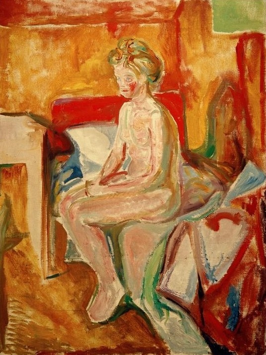 Edvard Munch, Sitzender Akt auf der Bettkante (Bett,Erwachen,Frau,Kunst,Schlafzimmer,Tageszeiten,Morgen,Symbolismus,Akt,Norwegische Kunst,Sitzen,Junge Frau,Skandinavische Kunst,Ganzfigurig)