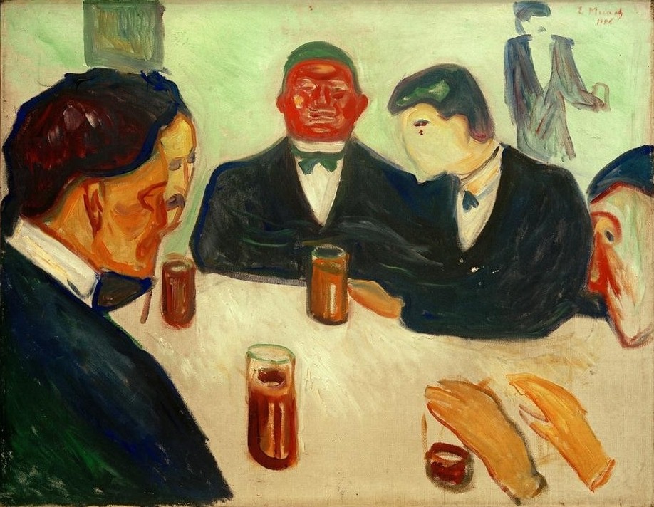 Edvard Munch, Trinkgesellschaft (Alkohol,Gesellschaftliches Leben,Gesellschaft,Kunst,Mann,Stammtisch,Symbolismus,Trinken,Bürgertum,Norwegische Kunst,Herrenrunde,Jahrhundertwende,Geselliges Beisammensein,Skandinavische Kunst,Männerleben)