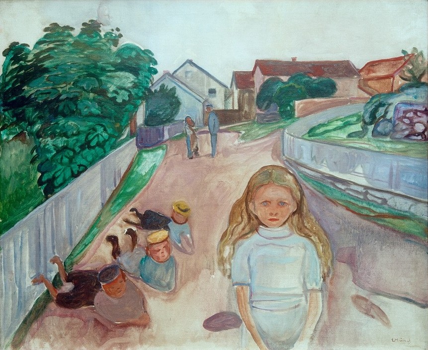 Edvard Munch, Spielende Kinder auf der Straße in Asgardstrand (Kinderspiel,Kind,Kunst,Mädchen,Spiel,Strasse (Allgemein),Strassenszene,Urlaub,Symbolismus,Sommerurlaub,Norwegische Kunst,Knabe,Blonde Haare,Kinderleben,Langes Haar,Skandinavische Kunst)