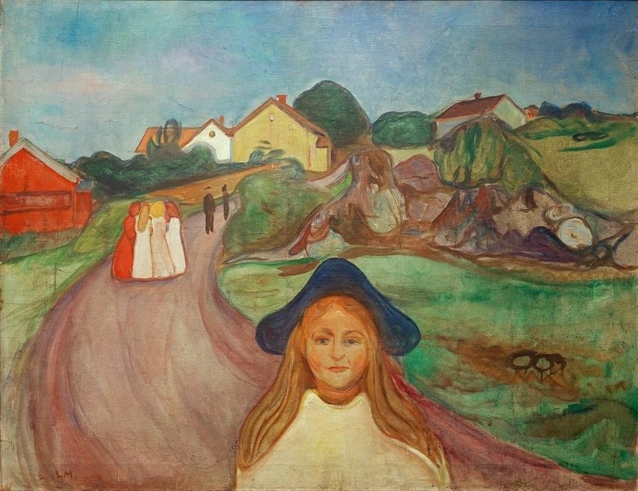 Edvard Munch, Straße in Asgardstrand (Dorfstrasse,Dorf,Kind,Kunst,Mädchen,Spaziergang,Strasse (Allgemein),Hut,Symbolismus,Portrait,Norwegische Kunst,Dreispitz,Langes Haar,Skandinavische Kunst,Blick Aus Dem Bild,Einzelgängerin)