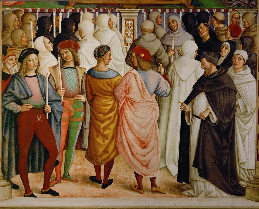 Bernardino Pinturicchio, Die Kanonisation der Heilige Katharina von Siena (Dom,Gruppenbild,Heilige,Herrenmode,Künstler,Kunst,Maler (Künstler),Mode,Selbstbildnis,Renaissance,Portrait,Italienische Kunst,Kleidung (Allgemein),Heiligsprechung,Ausschnitt)