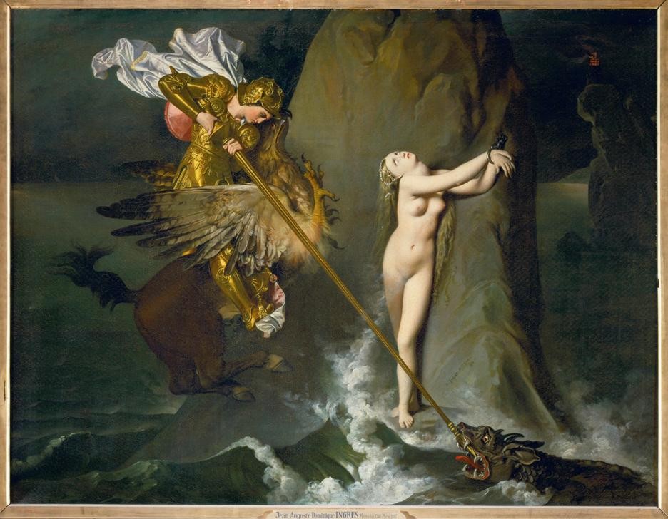 Jean-Auguste-Dominique  Ingres, Roger délivrant Angélique (Sage,Liebe,Literatur,Klassizismus,Kampf Zwischen Mensch Und Tier,Legende,Seeungeheuer,Gefangenenbefreiung,Fabel,Französische Kunst,Tier,Gefühl (Stimmung),Person)