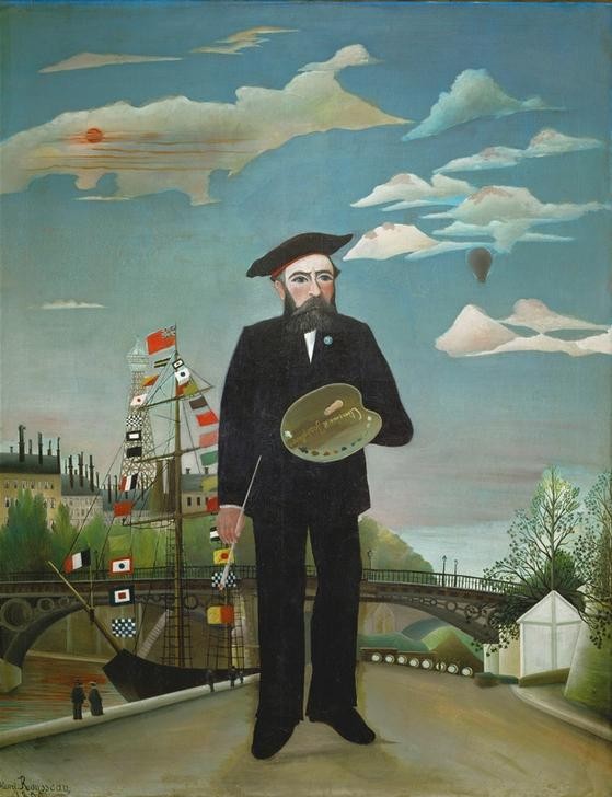 Henri Rousseau, Selbstbildnis (Maler, Künstler, Selbstbildnis, Farbpalette, Landschaft, magischer Realismus, Wohnzimmer, Treppenhaus, Malerei,Wunschgröße, klassische Moderne, bunt)