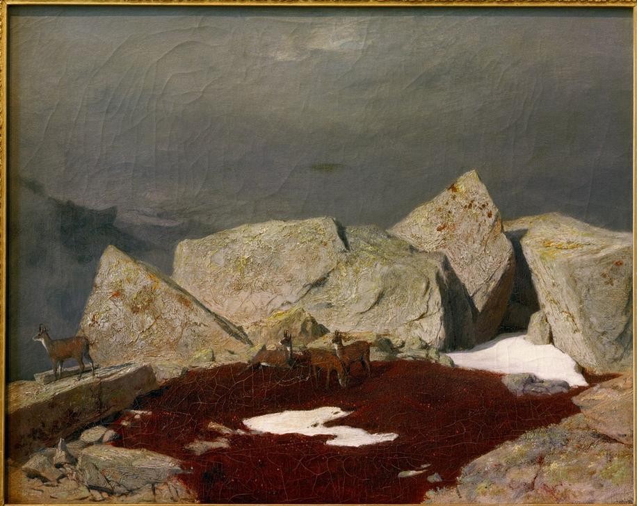 Arnold Böcklin, Hochgebirgslandschaft mit Gemsen (Deutsche Kunst,Gebirge,Gemse,Kunst,Landschaft,Felsen,Schweizerische Kunst,Tier,Gipfel,Romantik)