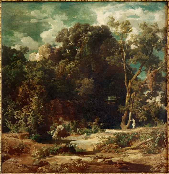 Arnold Böcklin, Römische Landschaft (Bad Im Freien,Frau,Kunst,Landschaft,Nymphe,Rückenakt,Halbakt,Frauenbad)