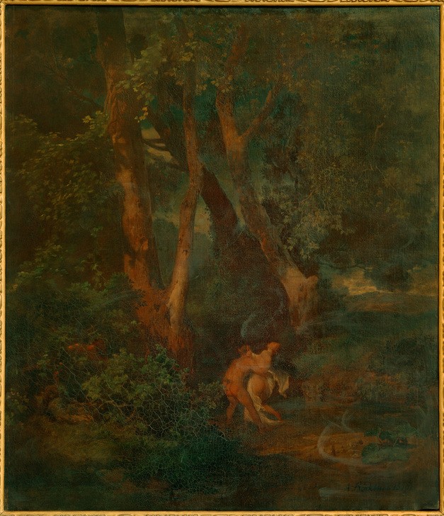 Arnold Böcklin, Waldrand mit Faun und Nymphe (od. Faun, eine sich sträubend (Deutsche Kunst,Erotik,Gewässer,Landschaft,Mythologie,Wald,Nymphe,Libido,Faun,Schweizerische Kunst,Kampf Der Geschlechter,Ideale Landschaft,Deutschrömer,Griechisch-Römische Mythologie)