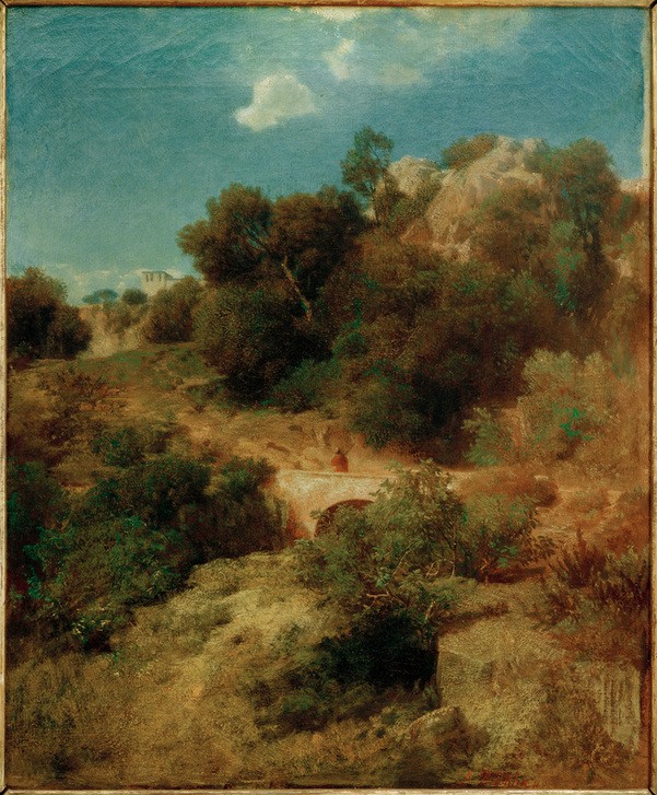 Arnold Böcklin, Felsiges Bergland mit Brücke (Architektur,Brücke,Deutsche Kunst,Gebirge,Kunst,Landschaft,Schweizerische Kunst,Berg,Deutschrömer)