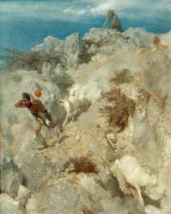 Arnold Böcklin, Pan erschreckt einen Hirten (Deutsche Kunst,Gebirge,Landschaft,Mythologie,Tageszeiten,Mittag,Hirte,Ziege,Panik,Felsen,Schweizerische Kunst,Trugbild,Hitze,Ziegenhirt,Schreck,Griechisch-Römische Mythologie,Viehzucht)