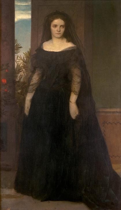 Arnold Böcklin, Bildnis der Schauspielerin Fanny Janauschek (Deutsche Kunst,Frau,Mensch,Schauspielerin,Schauspieler,Theater,Schleier,Portrait,Schweizerische Kunst,Kleid,Schwarz,Ganzfigurig)