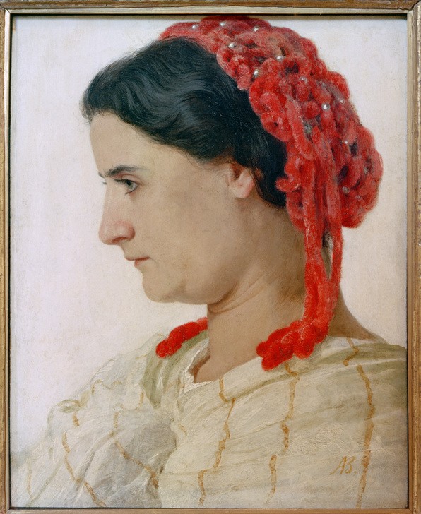 Arnold Böcklin, Bildnis Angela Böcklin mit rotem Haarnetz (Ehefrau,Deutsche Kunst,Frau,Maler (Künstler),Portrait,Künstlerfrau,Haarnetz,Schweizerische Kunst,Profil,Brustbild,Person,Frisur)