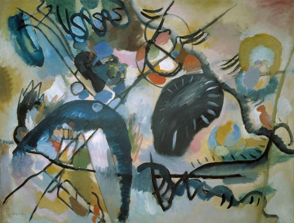 Wassily Kandinsky, Schwarzer Fleck (Wunschgröße, Klassische Moderne, Malerei, abstrakte Kunst, amorphe Formen, abstrakte Muster, Linien, Muster, Farbflächen, Wohnzimmer, Büro, Arztpraxis, bunt)