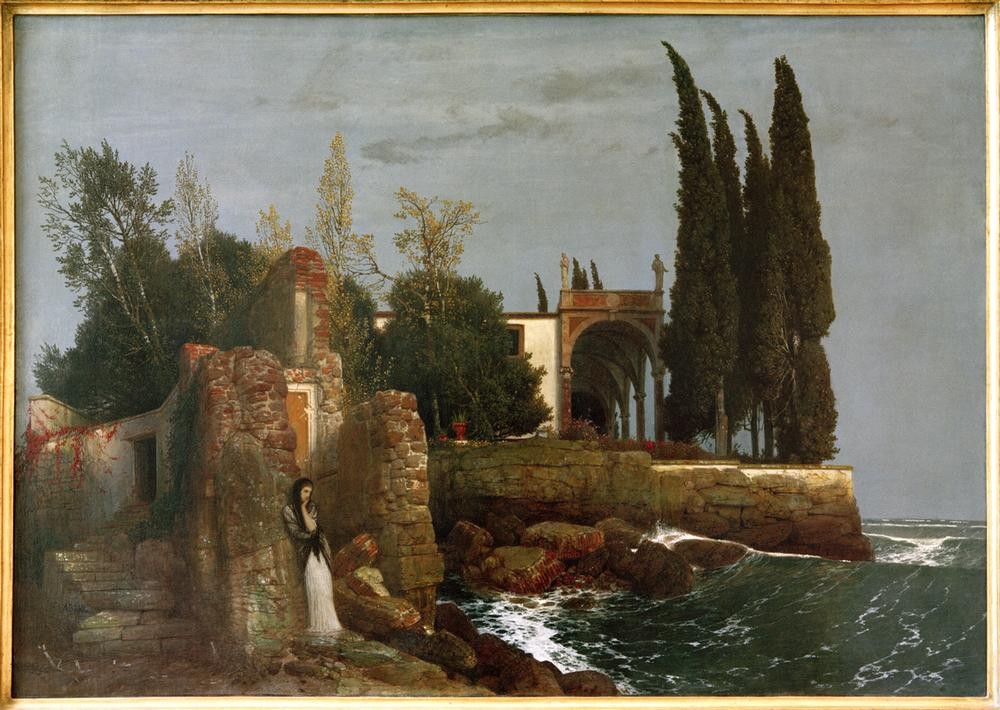 Arnold Böcklin, Villa am Meer (Deutsche Kunst,Frau,Küste,Landschaft,Strand,Villa,Meer,Einsamkeit,Schweizerische Kunst,Zypresse,Schwermut)